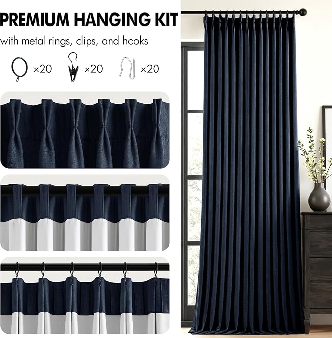 MIULEE Navy Blue Pinch Pleated 100% Blackout Linen Curtains 40x96 Inches | Room - Image 8