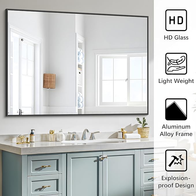 Black Bathroom Mirror, 48"X36" Rectangle Mirrors for Wall Metal Frame, Modern Vanity Wall Mirror for Bathroom Living Room, Entryway Hangs Horizontal or Vertical