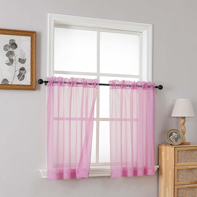 Light Pink Small Sheer Curtains 2 Panels Set, Kitchen Curtains 36 Inch Length - Image 8