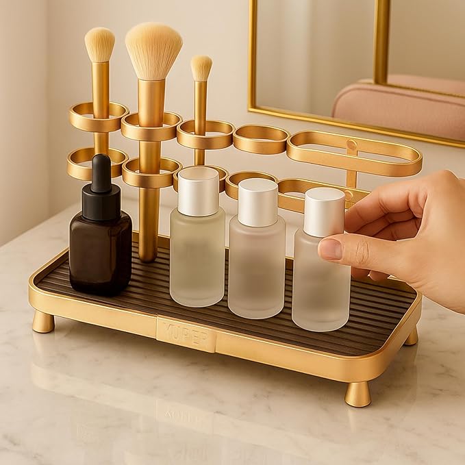 YUPER Bathroom Counter Organizer, Bathroom Organizers with Toothbrush Holder, Makeup Storage Shelf Vanity Tray Perfume Organizer, Bedroom Bar Corner Counter Storage Sink Shelf Gold
