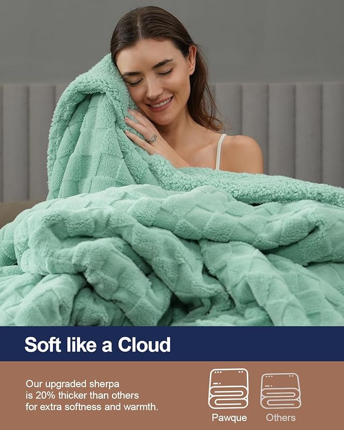 Pawque Super Soft Cozy Throw Blanket Twin Size for Couch Bed, Fluffy Sherpa Fleece Reversible Thick Warm Fuzzy Blanket for All-Season, 3D Checkered Jacquard Decorative Blankets, Sage Green, 60"x80"