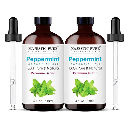 Majestic Pure Peppermint Essential Oil with Glass Dropper - 4 Fl Oz Pack of 2-100% Pure and Natural Peppermint Oil - Premium Grade Essential Oils for Diffuser, Aromatherapy, Soap and Candle Making