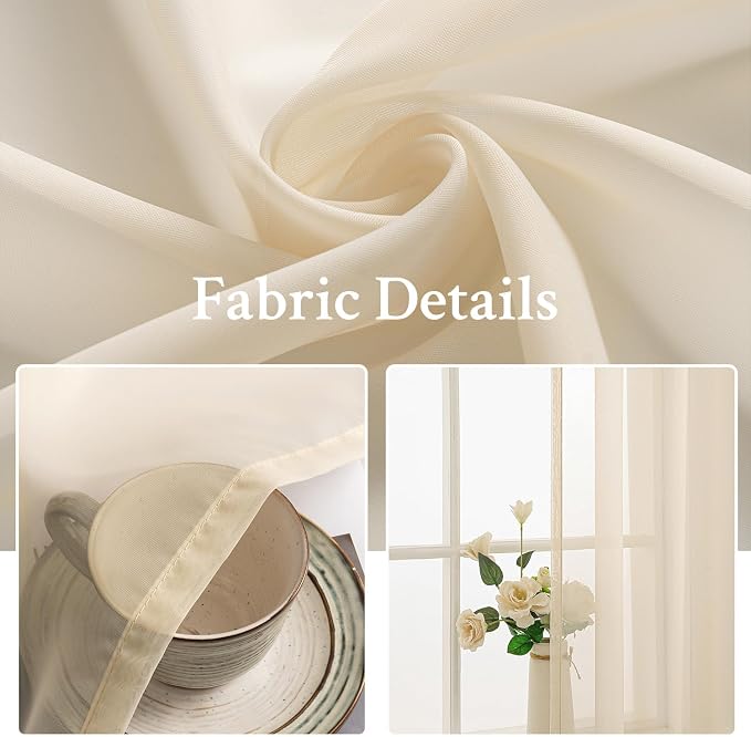 MIULEE 2 Panels Sheer Curtains for Living Room 54 X 63 Inches Cream | Sheer - Image 3