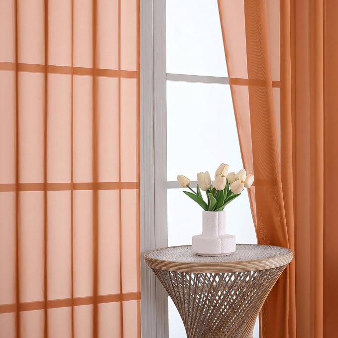 Orange Sheer Curtains 63 Inches Long 2 Panels Set, Light Filtering Sheer - Image 3