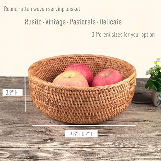Hadewoven Round Rattan Fruit Basket Wicker Food Tray Weaving Storage Holder Dinning Room Bowl, 10 Inch Woven Bread Basket Key Bowls with 4”Wall for Table, Countertop (Large 9.8")
