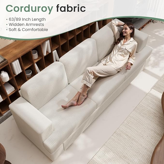 2 Pieces Corduroy Couch Set for Living Room, 6 Seats Cloud Sofa, Deep Seat Floor Couch for Bedroom, Futon Modern Sofa Bed, White Corduroy