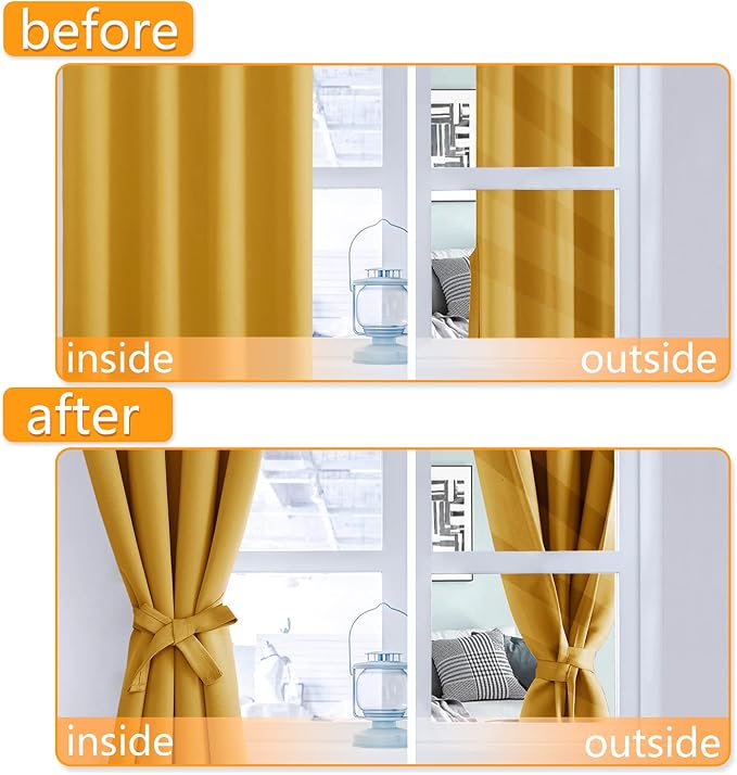 Blackout Curtains for Bedroom, Mustard Yellow 52 x 45 Inch 2 Panels | Thermal - Image 4