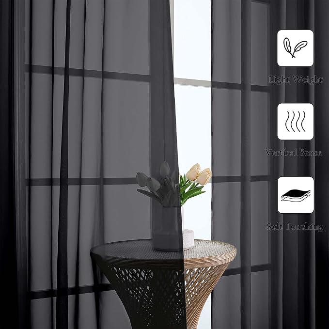Black Sheer Curtains 90 Inches Long 2 Panels, Light Filtering Privacy Voile - Image 3