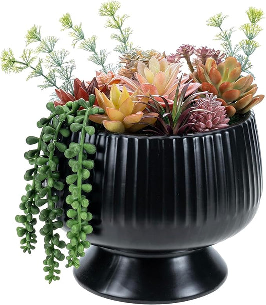 MyGift 10 Inch Modern Artificial Succulent Arrangement Potted in Matte Black Ribbed Ceramic Round Planter, Decorative Plant Pot with Assorted Faux Mini Succulents