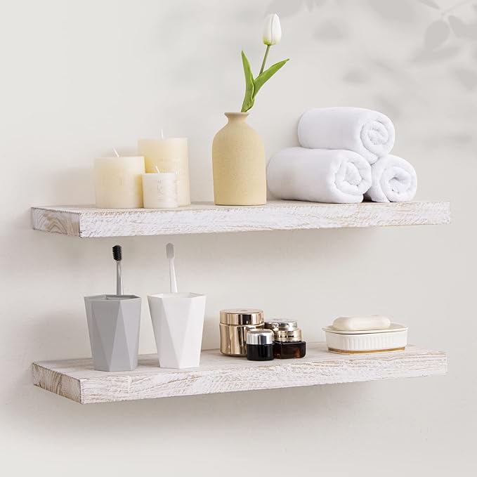 Axeman Floating Shelves for Wall, 24''W x 8''D Rustic Solid Elm Wood Wall Shelves for Storage, Wall Mounted Display Shelving with Invisible Heavy-Duty Metal Bracket (White Wash, 2PCs)