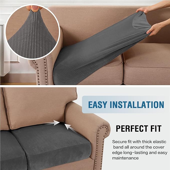 H.VERSAILTEX Velvet Stretch Couch Cushion Cover Plush Cushion Slipcover for Chair Loveseat Sofa Cushion Furniture Protector Seat Cushion Sofa Cover (3 Piece XL Sofa Cushion Covers, Grey Striped)