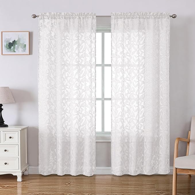 Lecloud Leia White Sheer Curtains 72 Inches Long 2 Panels, Jacquard Texture by Lecloud