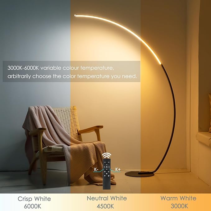 NUÜR Arc Floor Lamp, 67" Tall Black Gold LED Modern Standing Floor Lamp with Remote Control, Arched Bright Floor Lamps for Living Room Bedroom Office Home (Black)