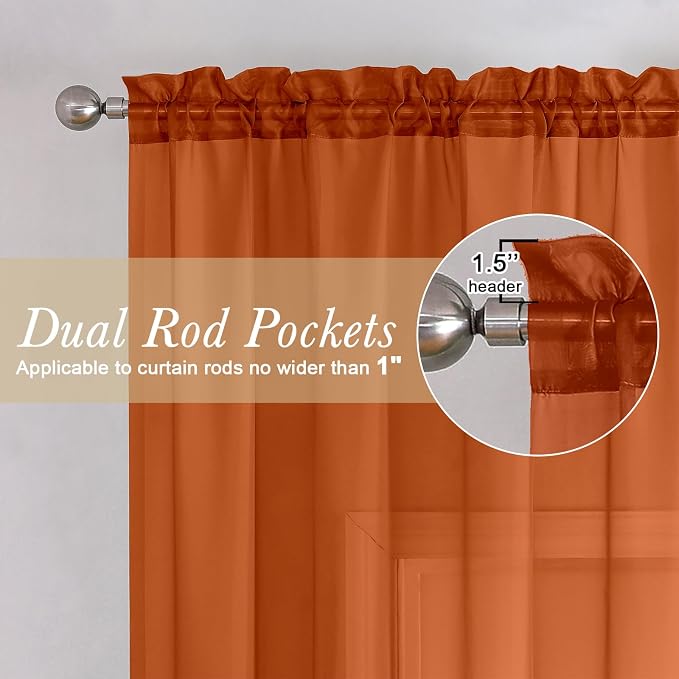 Lecloud Orange Sheer Curtains 63 Inch Length 2 Panels Set, Window Curtains - Image 2