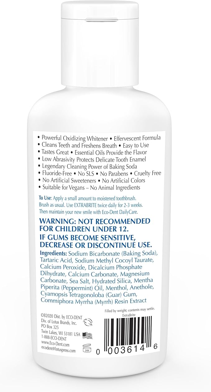 Eco-Dent ExtraBrite Baking Soda Toothpowder, Mint - Fluoride-Free Toothpaste Powder, SLS-Free Tooth Powder with Oxidizing Calcium Peroxide, Whitening Toothpaste Alternative, 2 Oz Ea (Pack of 3)