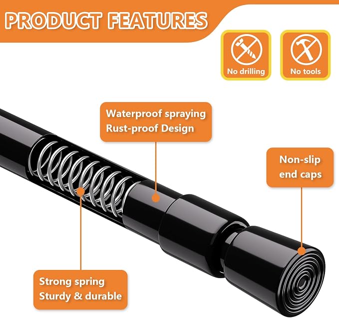 KXLife 2 Pack 5/8" Spring Tension Curtain Rod, Adjustable Tension Rods Black 18 - Image 3