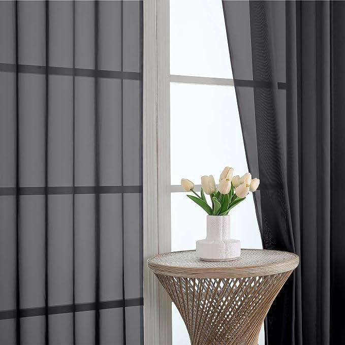 Black Sheer Curtains 84 Inches Long 2 Panels Set, Light Filtering Sheer Curtains - Image 3