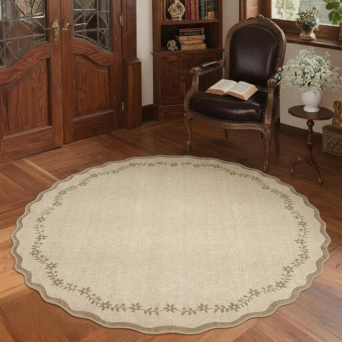 GarveeHome Round Rugs 4ft Scalloped Washable Small Circle Rug - Image 3