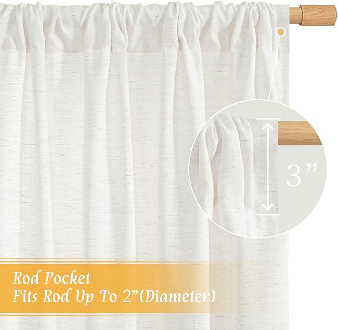 LAMIT Ivory White Linen Curtains 48 Inch Length, Faux Linen Textured Light - Image 3