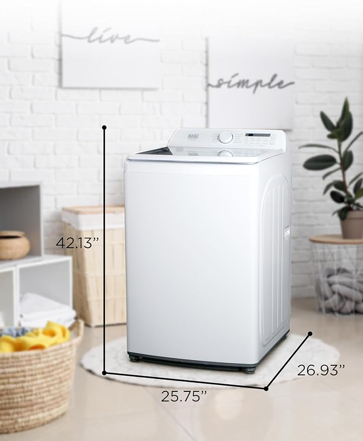 BLACK+DECKER 4.1 Cu. Ft. Top Loading Washing Machine with Agitator, Full Size Washing Machine with Glass Lid and Stainless Steel Tub, Machine with LED Display, 10 Wash Cycles, 120V, BTLW41MW, White