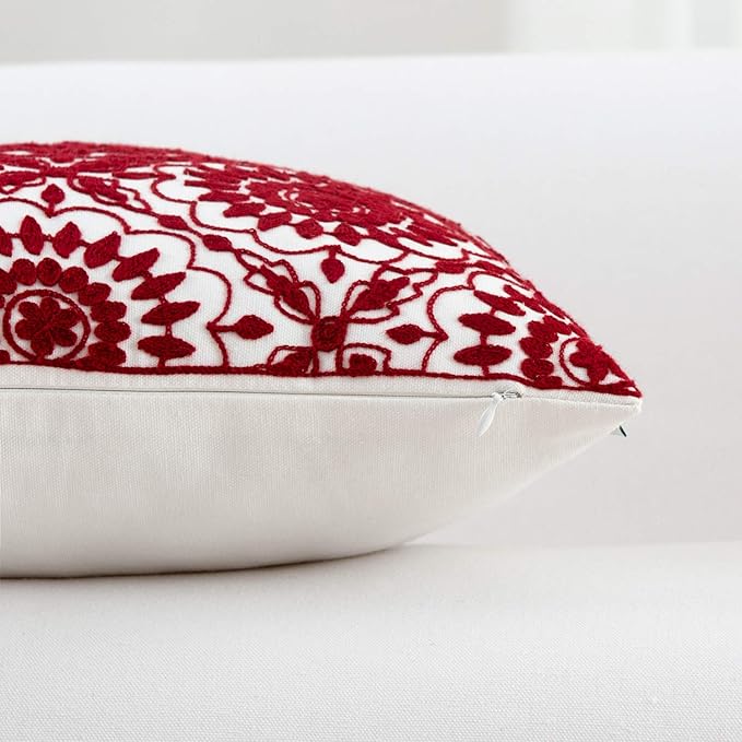 HWY 50 Red Decorative Throw Pillow Covers 18x18 Inch, Pack of 2 Embroidered Cotton Farmhouse Cushion Cover Pillow Case for Sofa Couch Living Room Bed Bedroon, Little Sunflower Design