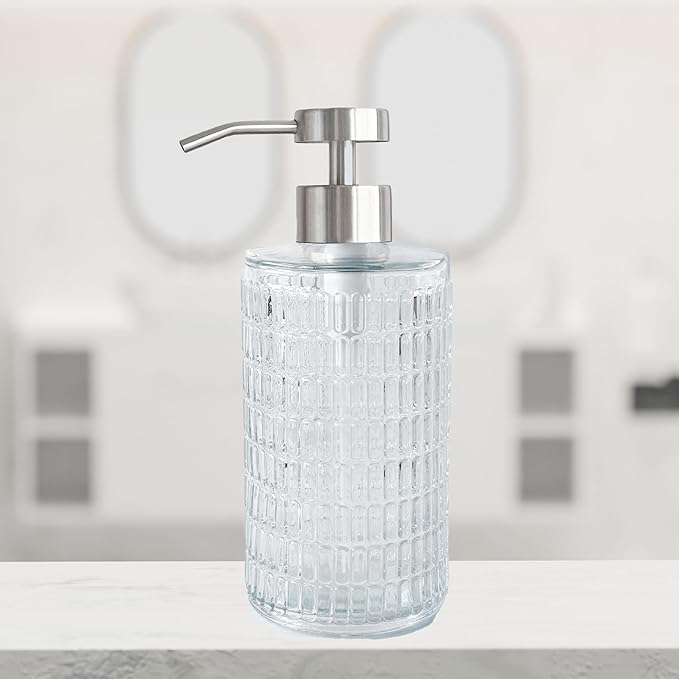Lunestella Elegant Glass Hand Soap Dispenser with Stainless Steel Pump, for Bathroom and Kitchen, Rust Proof, 17oz (Silver)