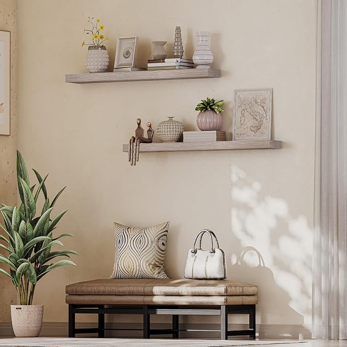 HOOBRO Floating Shelves for Wall, Wall Mounted Shelf Set of 2, 47.2" Hanging Shelf with Invisible Brackets, for Wall in Bathroom, Bedroom, Toilet, Kitchen, Living Room, Office, Greige BG120BJP201