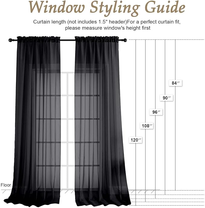Black Sheer Curtains 84 Inches Long 2 Panels Set, Light Filtering Sheer Curtains - Image 2