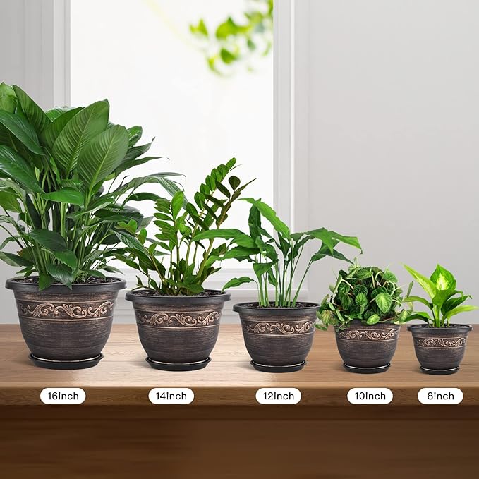 Plastic-Plant-Flower-Planters-16 Inch with Drainage Hole & Saucer, 3 Packs Lightweight Small Resin Flower Pot Indoor Outdoor, Retro Antique Imitation Decorative Garden Containers Sets for Houseplants