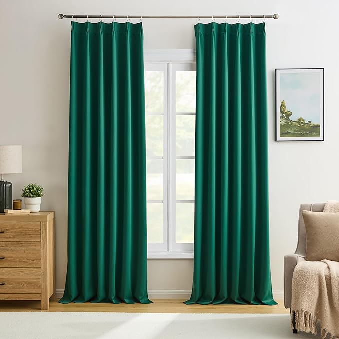 92 Inch Dark Green Pinch Pleated Blackout Curtains by KEQIAOSUOCAI