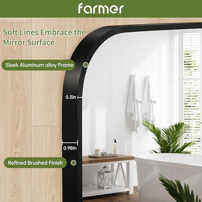 FARMER 22x30 Inch Black Bathroom Mirror, Rectangle Vanity Mirror, Brushed Mirrors for Wall, Metal Frame Hanging Mirror with Round Corner for Bedrooms, Entryways, Living Rooms, Horizontal/Vertical
