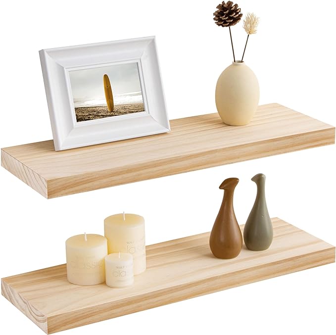 Fun Memories Farmhouse Floating Shelves - 8 Inch Deep Rustic Wood Wall Shelf - Premium Solid Pine Wood Storage Shelf for Kitchen Living Room Bedroom - 24" W x 8" D - Set of 2 - No Stain - Unfinished
