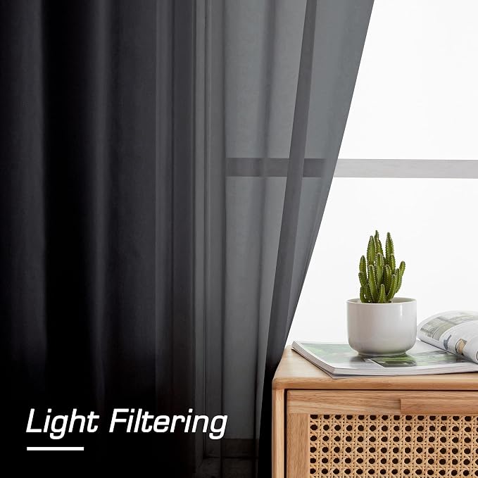 Simplebrand Black Sheer Curtains 90 Inches Long, Light Filtering Rod Pocket - Image 2
