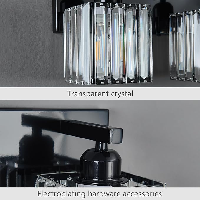 Modern Bathroom Vanity Light 2-Lights Plating Black Crystal Bathroom Wall Light Vanity Light Fixtures