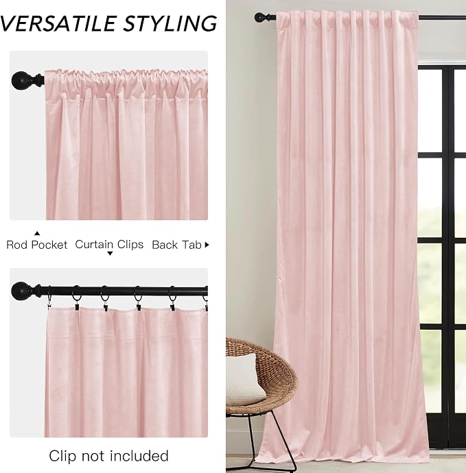 RYB HOME Pink Velvet Curtains 84 inches, Back Tab Soft Fabric Room Darkening - Image 2