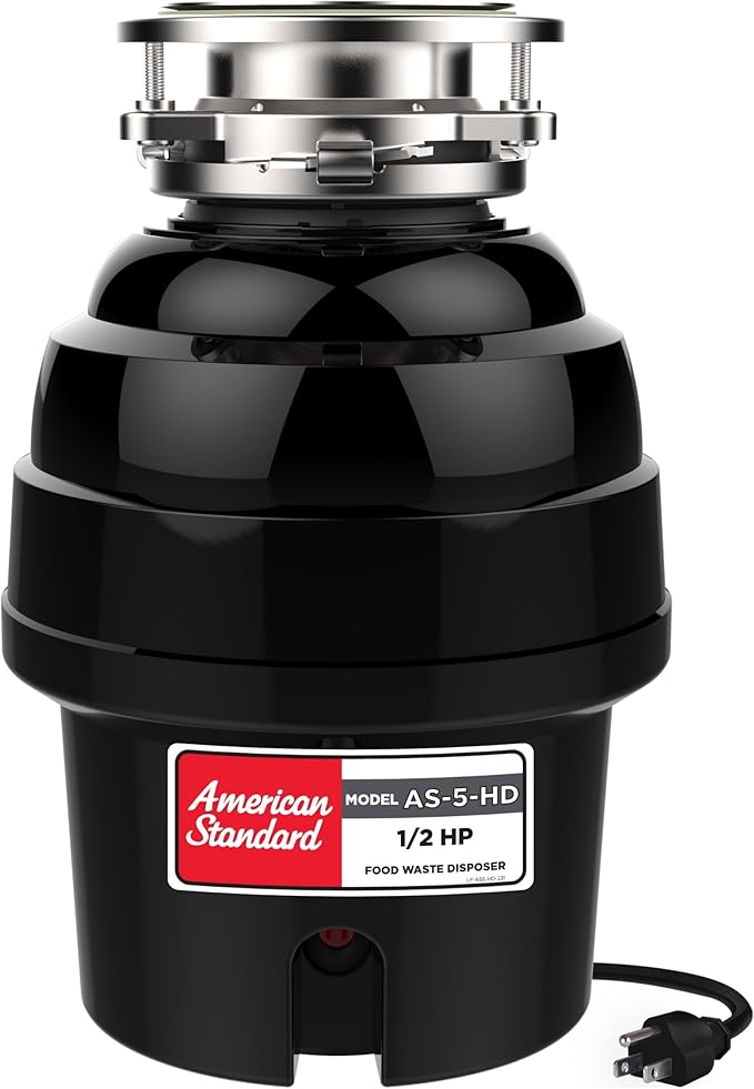 American Standard 10-US-AS-5-HD Garbage Disposal Anti-Jam Stainless Steel Food Waste Grinding System, Heavy Duty, 1/2 HP, Black