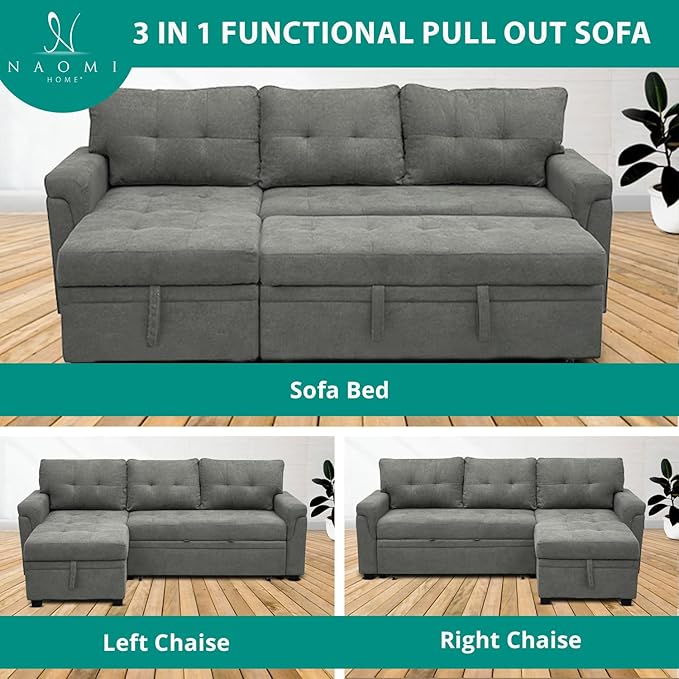 Naomi Home L-Shaped Reversible Sectional Sofa with Pull-Out Sleeper Bed and Storage Chaise, Gray Velvet