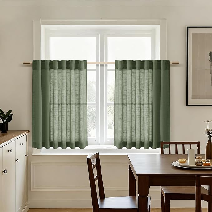 Olive Green Linen Curtains 30 Inch Length Short Kitchen, Semi Sheer Light - Image 5