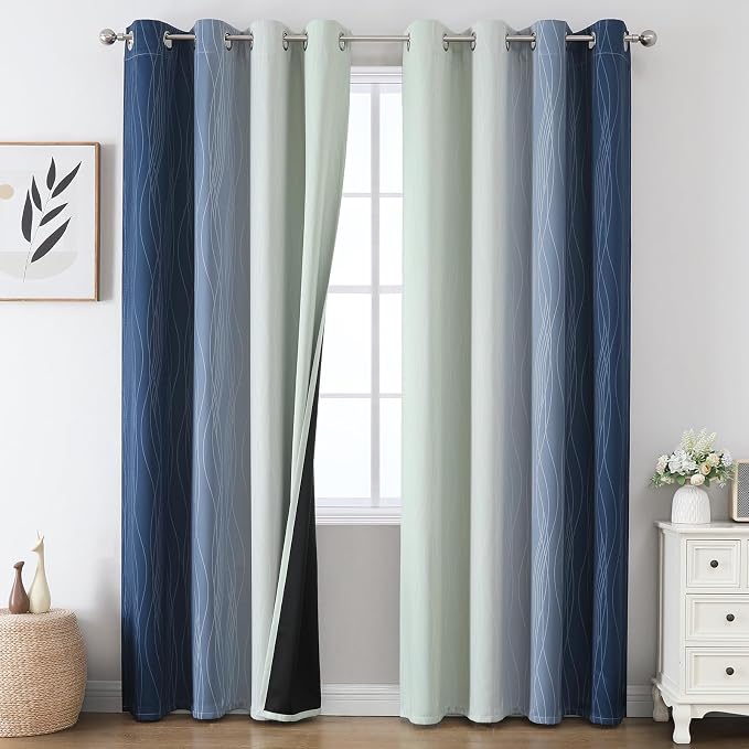 Estelar Textiler Sage Green and Navy Blue Blackout Curtains by ESTELARTEXTILER