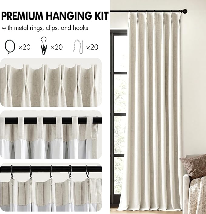 MIULEE Natural Pinch Pleated 100% Blackout Linen Curtains 40x80 Inches | Room - Image 8