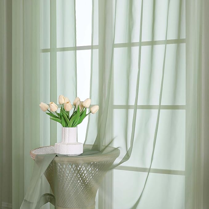 Sage Green Sheer Curtains, Sheer Curtains 96 inches Long 2 Panels Set, Rod - Image 6