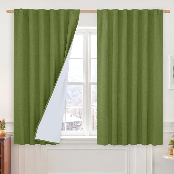 Sage Green Full Blackout Linen Curtains 54 Inch by LAMIT