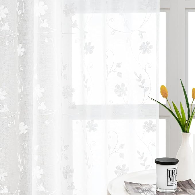 HOMEIDEAS White Sheer Curtains 63 Inch Length 2 Panels White Embroidered Floral by HOMEIDEAS