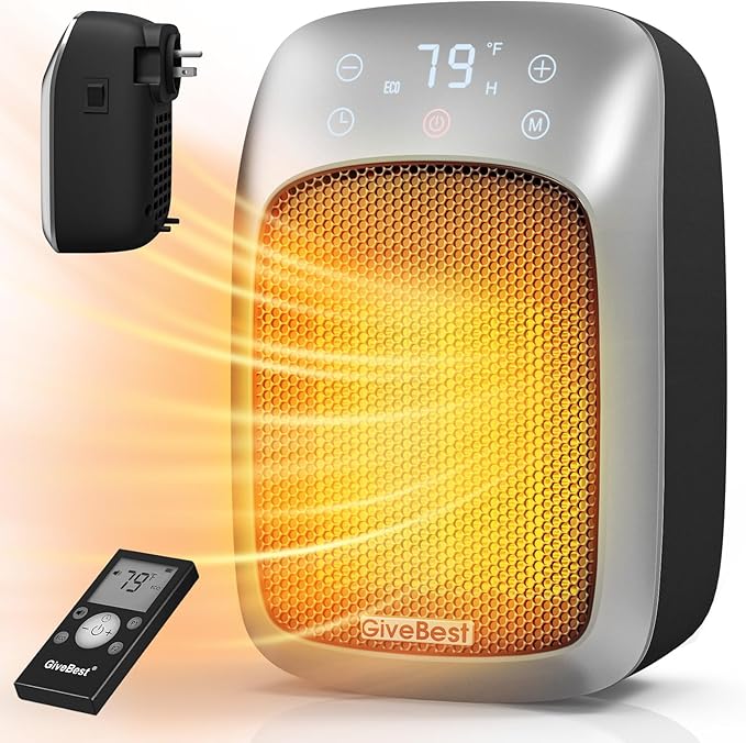 GiveBest 800W Plug-in Wall Space Heater With Remote, Small Outlet Heater With Adjustable Thermostat, 12H Timer, LED Display for RV, Home Office, Bathroom Indoor Use