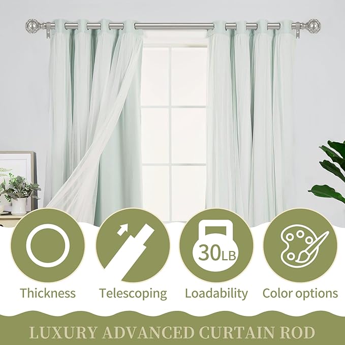 Silver Adjustable Curtain Rods for Windows:66-120 Inch Farmhouse Heavy Duty Curtain Rod for Bedroom Living Room,Boho Decorative Rustic Drapery Rods with Vintage Coastal Finial,Antique Silver