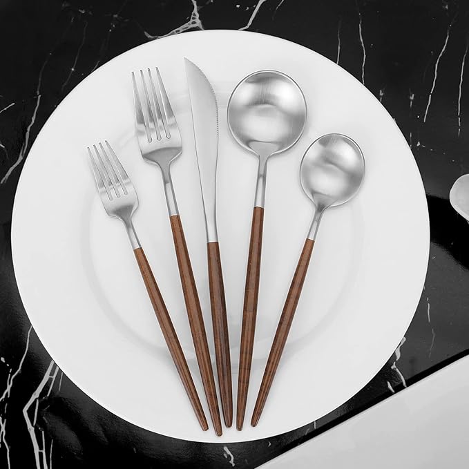Matte Silver Silverware Set With Brown Handle, Vanys 20 Piece Stainless Steel Cutlery Flatware Set, Kitchen Utensil Sets for 4, Tableware With Knife Spoons And Forks Set, Satin Finished Polished