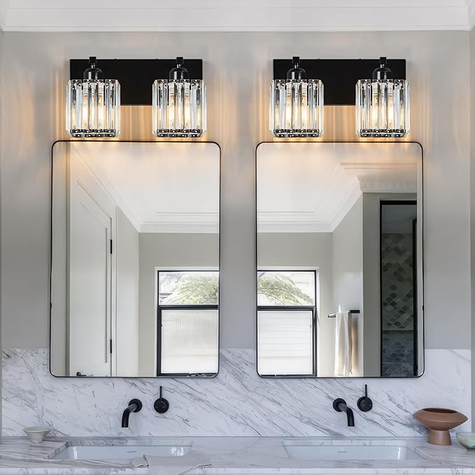 Modern Bathroom Vanity Light 2-Lights Plating Black Crystal Bathroom Wall Light Vanity Light Fixtures