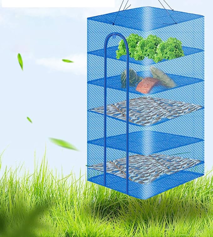 Hwayslon Hanging Drying Net Foldable Drying Rack Net Dryer 19.7"x19.7"x37.4" 6 Layer Folding Fish Mesh Collapsible Dry Net with Zippers for Fish Vegetables Drying Seeds Fruit Herb