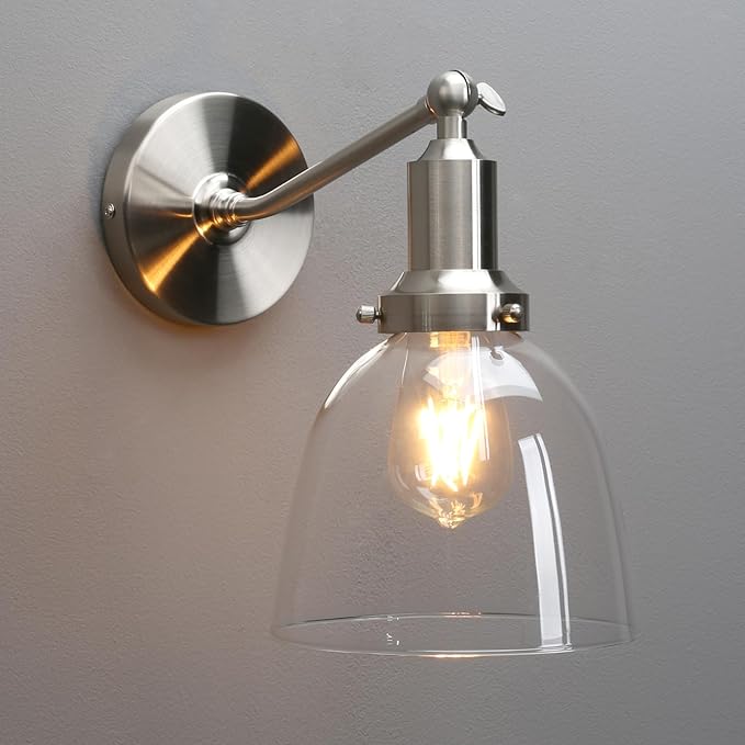 PERMO Industrial Vintage Slope Pole Wall Mount Single Sconce with 6.7" Oval Dome Clear Glass Shade Wall Sconce Light Lamp Fixture (Brushed Nickel)