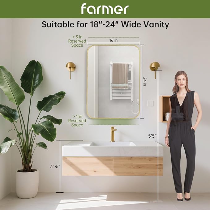 FARMER 16x24 Inch Gold Bathroom Mirror, Rectangle Vanity Mirror, Brushed Mirrors for Wall, Metal Frame Hanging Mirror with Round Corner for Bedrooms, Entryways, Living Rooms, Horizontal/Vertical